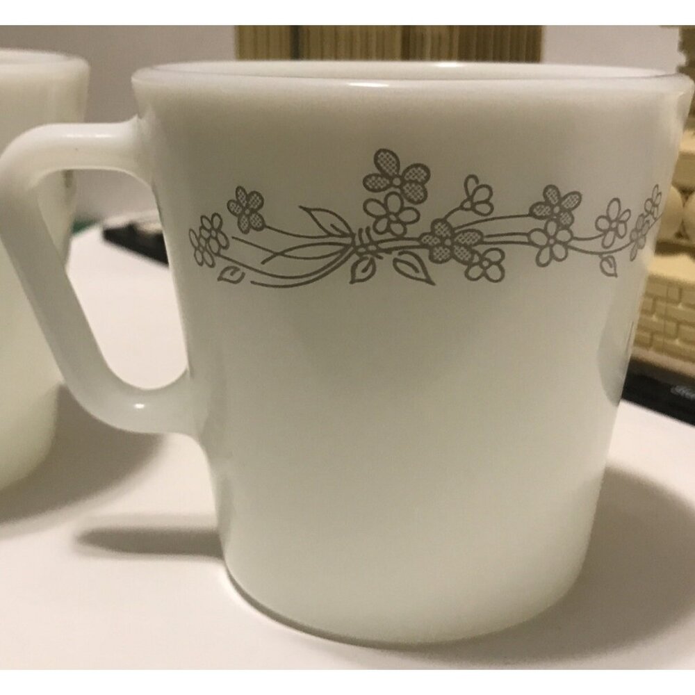 HTF Vintage Pyrex Mugs "Ribbon Bouquet" Pattern Classic Milk Glass VGC x 2